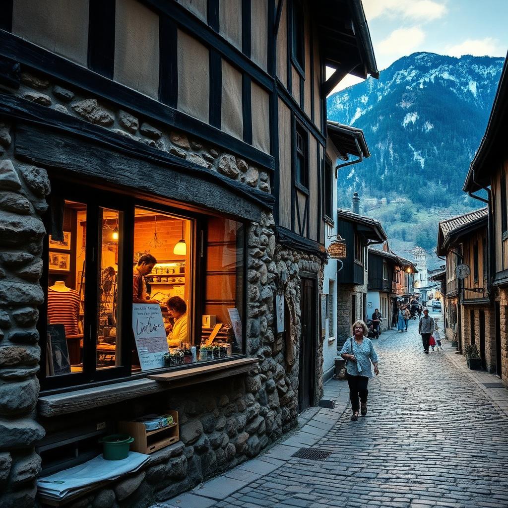 A creative workshop window on a stone street in Bansko, with the Pirin mountains behind.